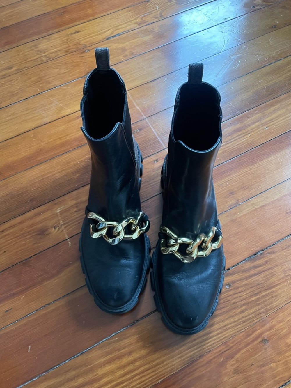 Michael Kors Leather Chelsea Boots with Gold Chain Accent